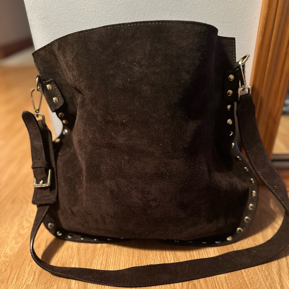 Brown Suede Shoulder Bag with Stud Accents